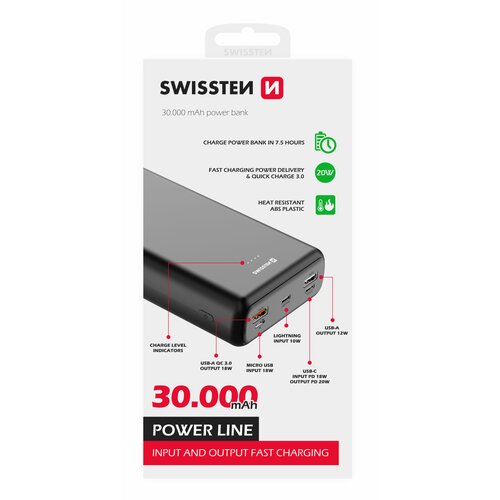 Swissten Power Line Powerbanka 30000 mAh 20W PD Čierna