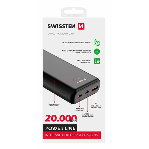 Swissten Power Line Powerbanka 20000 mAh 20W PD Čierna