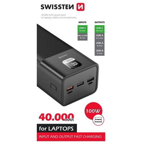 Swissten Power Line Powerbanka 40000 mAh 100W PD Čierna - Pre notebooky, tablety, smartfóny