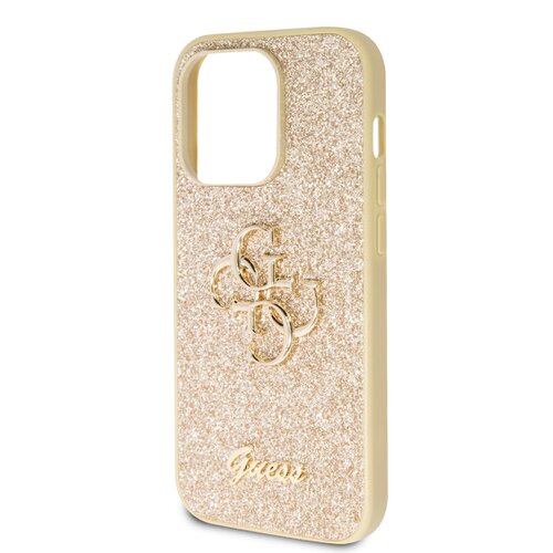 Guess PU Fixed Glitter 4G Metal Logo Zadní Kryt pro iPhone 15 Pro Max Gold