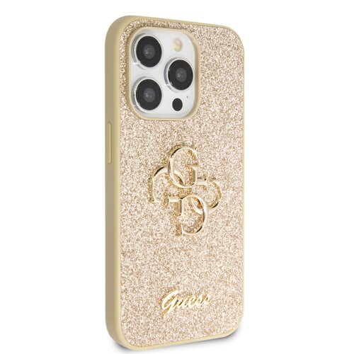 Guess PU Fixed Glitter 4G Metal Logo Zadní Kryt pro iPhone 15 Pro Max Gold