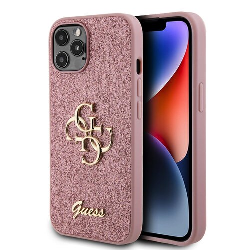 Guess PU Fixed Glitter 4G Metal Logo Zadní Kryt pro iPhone 12/12 Pro Pink