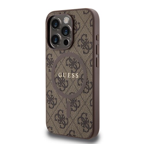 Guess PU Leather 4G Colored Ring MagSafe Zadní Kryt pro iPhone 15 Pro Max Brown