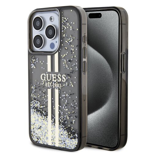 Puzdro Guess PC/TPU Liquid Glitter Gold Stripe iPhone 15 Pro - čierne