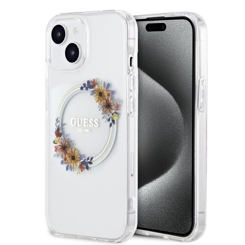 Guess PC/TPU Flowers Ring Glossy Logo MagSafe Zadní Kryt pro iPhone 15 Transparent