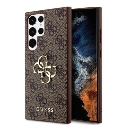 Guess PU 4G Metal Logo Zadní Kryt pro Samsung Galaxy S24 Ultra Brown