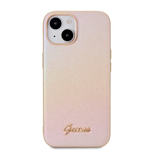 Guess PU Leather Iridescent Metal Script Zadní Kryt pro iPhone 15 Gold