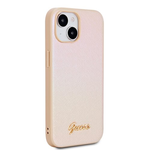 Guess PU Leather Iridescent Metal Script Zadní Kryt pro iPhone 15 Gold