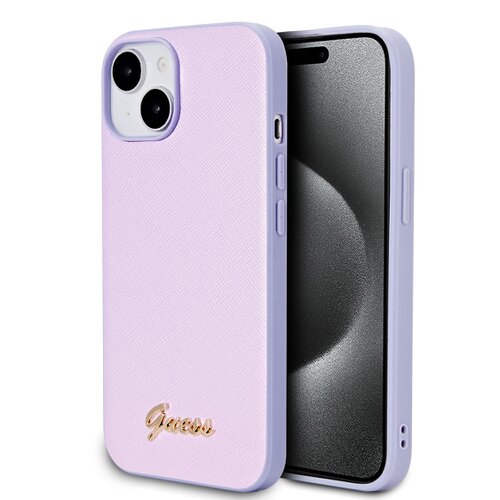 Puzdro Guess PU Leather Iridescent Metal Script iPhone 15 - fialové