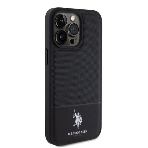 U.S. Polo PU Leather Mesh Pattern Double Horse Zadní Kryt pro iPhone 15 Pro Black