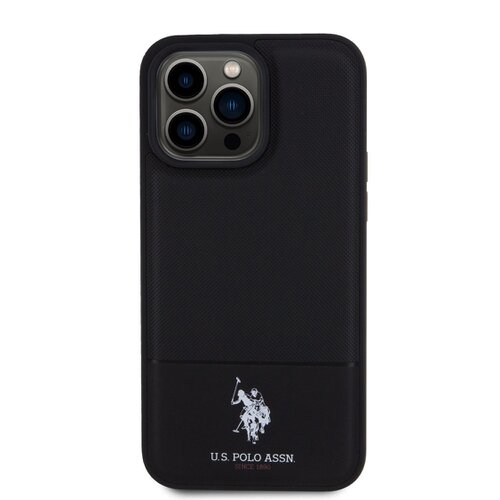 U.S. Polo PU Leather Mesh Pattern Double Horse Zadní Kryt pro iPhone 15 Pro Black