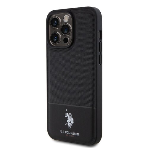 U.S. Polo PU Leather Mesh Pattern Double Horse Zadní Kryt pro iPhone 15 Pro Black