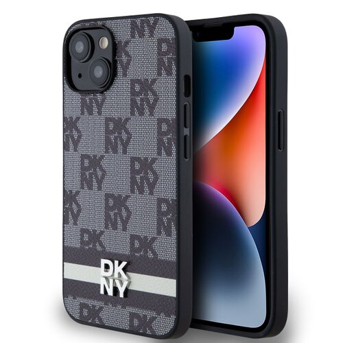 Puzdro DKNY PU Leather Checkered Pattern and Stripe iPhone 13 - čierne