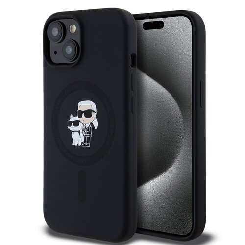 Puzdro Karl Lagerfeld Liquid Silicone Karl and Choupette Magsafe iPhone 14 - čierne