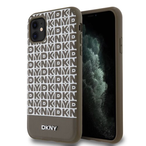 DKNY PU Leather Repeat Pattern Bottom Stripe MagSafe Zadní Kryt pro iPhone 11 Brown