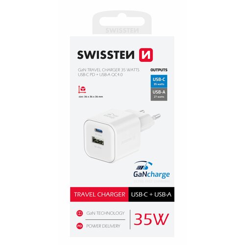 EKO NABÍJAČKA 35W 2-portová GaN (1x USB-C 35W PD + 1x USB-A 27W QC4.0) Biela