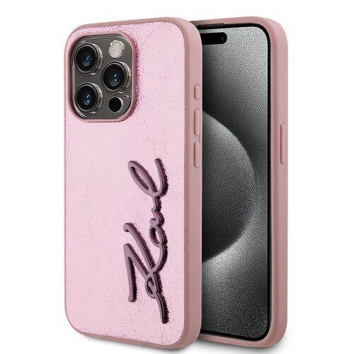 Karl Lagerfeld Wrinkled PU Signature Logo Zadní Kryt pro iPhone 15 Pro Max Pink