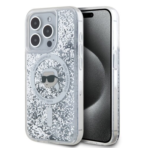 Karl Lagerfeld Liquid Glitter Karl Head MagSafe Zadní Kryt pro iPhone 15 Pro Transparent