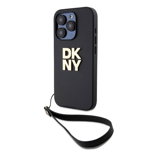 DKNY PU Leather Stack Logo Wrist Strap Zadní Kryt pro iPhone 15 Pro Black