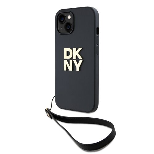 DKNY PU Leather Stack Logo Wrist Strap Zadní Kryt pro iPhone 14 Black