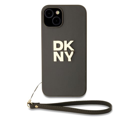 DKNY PU Leather Stack Logo Wrist Strap Zadní Kryt pro iPhone 13 Brown