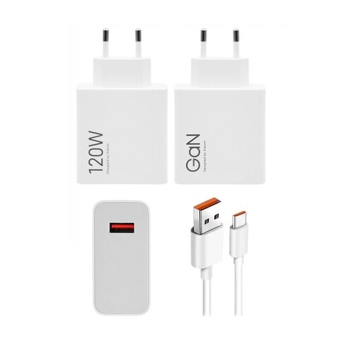 Xiaomi MDY-14-EE USB-A 120W GaN Cestovní Nabíječka + USB-C 6A Datový Kabel White (Bulk) (Poškrábané)