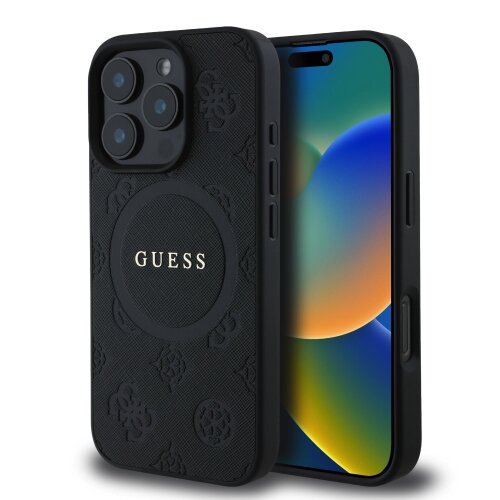 Guess Saffiano Peony Stamp MagSafe Zadní Kryt pro iPhone 16 Pro Max Black